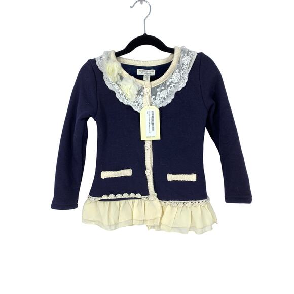 Richie House Girl's Size 4-5 Sweet Lacy Cardigan with Braided Placket Blue Cream - Picture 1 of 5